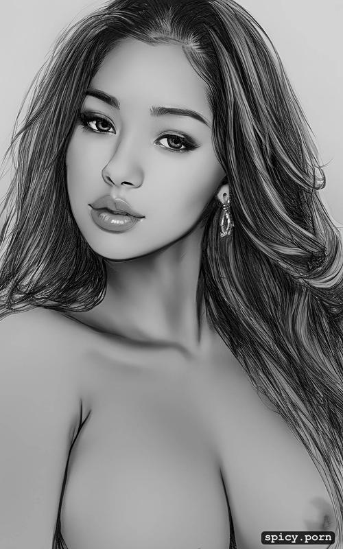 detailed face, very shy, sketch, topless and white slip, thai teen
