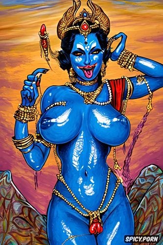 ultra detailed, masterpiece, very long tongue, generate a dramatic scene of beautiful goddess kali holding her futanari penis