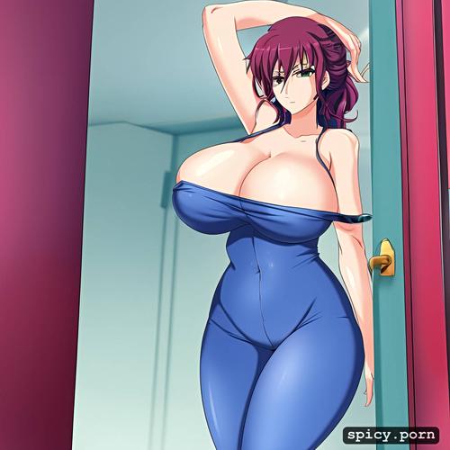 anime milf opening door, thick thighs, big tits