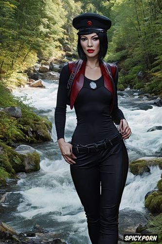 torn wet clothes, perfect body, partisan fighter woman at a creek in the mountains