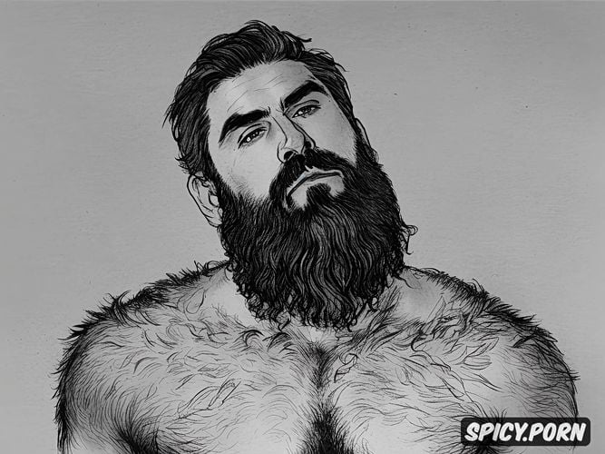 full shot, natural thick eyebrows, hairy chest, intricate hair and beard