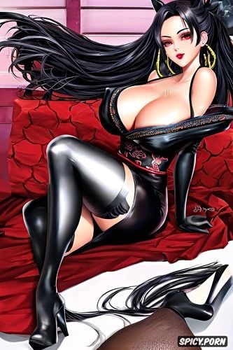 black voidless eyes, kuro stays in front of pictute in a sexy posing and revealing position kuro has a very seductive feminine body with long black hair