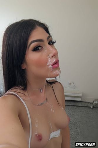 cheating revenge, real amateur selfie of a pale italian cute emo teen girlfriend with cum on her face