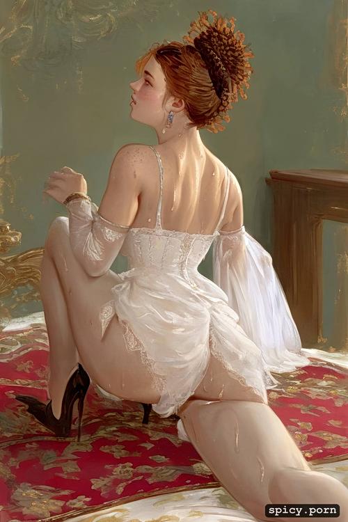 big glossy innocent eyes, looking back, pov, 19th century 18 yo russian grand duchess spread legs sweating