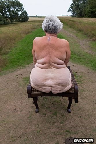 photorealistic, rear view, pretty face, white granny, massive ass