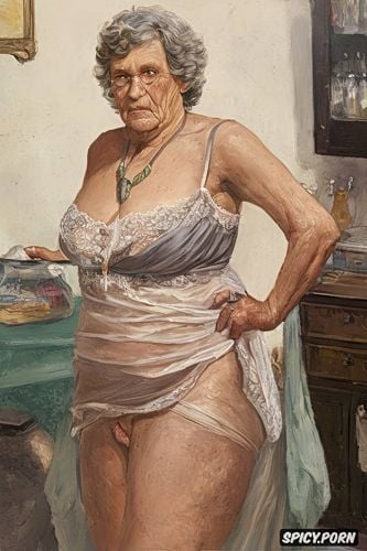 the fat wrinkled grandmother has a naked pussy under her dress