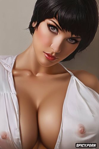 backlighting, nude, dark hair, big breasts, white, dick between breasts