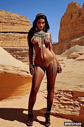 lynx, topless, long black hair, morning star, pagan arabian goddess al uzza in traditional arabian clothing walking through wadi in beautiful desert