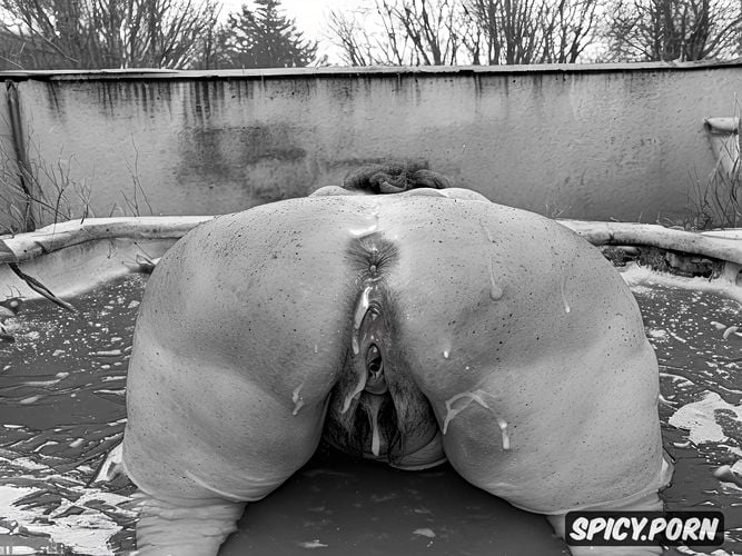 massive pubic hair, wide hips, in cum mud pit, saggy boobs, in filthy piss filled bathtub