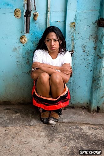 a local hoodrat, unkept, dirty, a stunning petite early twenties mexican female homeless beggar