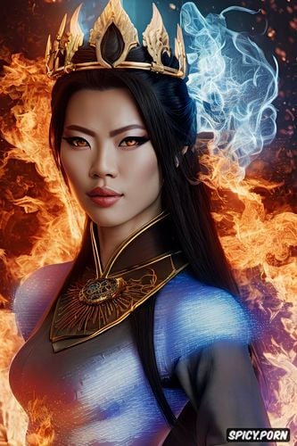 matte, flame crown, face shot, no makeup, sharp focus, surrounded by blue fire