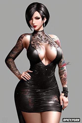 ultra realistic, high resolution, tattoos small perky tits tight body fitting black evening gown masterpiece