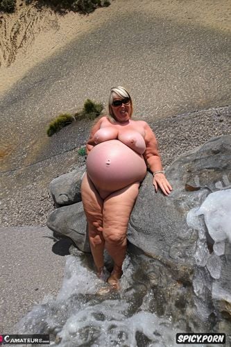 very wide hips, beach, tanned, fat thighs, sunglasses, blonde gilf