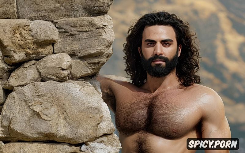 hamam setting, prominent jaw, excessive body hair, muscular