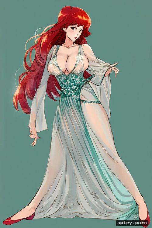 wearing red see through negligee, white, ginger hair, green