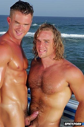 blonde manly gay man and young gay man, big testicles, realistic tan lines