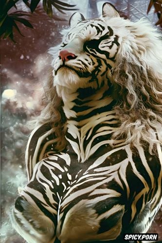 white tiger, john sinclair cover art, fog, real natural colors ultra detailed expressive faces detailed anatomy voluptuous