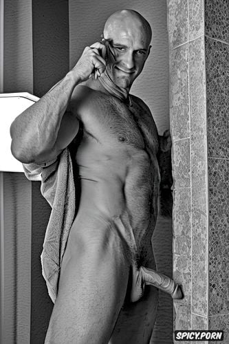 with white bathrobe, sepia color photo, thick shaft, he shows big dick his dick with high detail