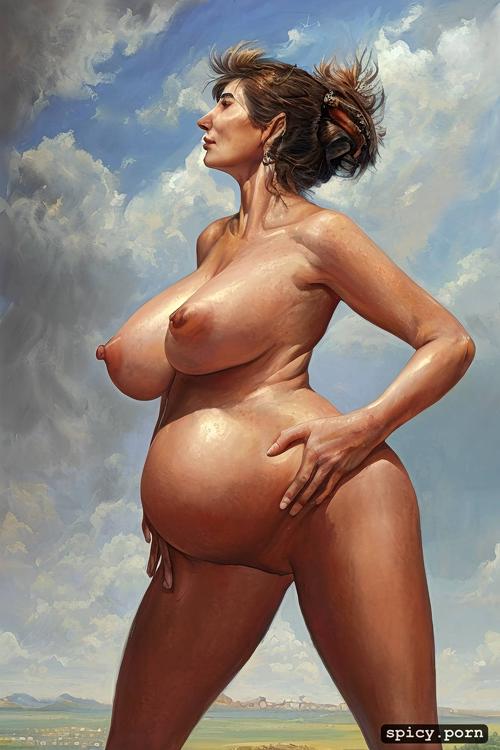 gigantic saggy breast, stockings, hyperrealistic art, 50 years old lady