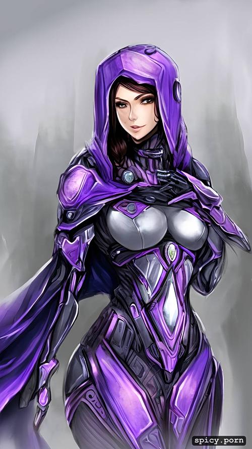 human, engineered, fs, byjustpixels, full shot, wearing a purple cloak