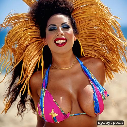 highres, color portrait, hanging tits, dramatic, voluptuous christy canyon performing as rio carnival dancer at copacabana beach erect nipples