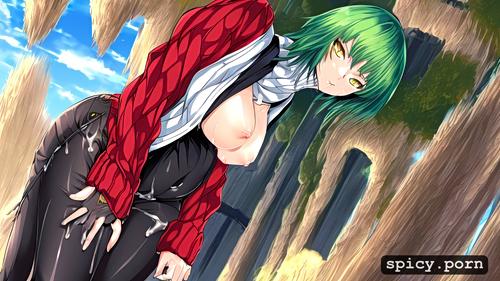 milk from nipples, red sweater, short light green hair, anime woman