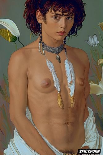 hairy pussy full body shot, flat chest beautiful native american women with a white lily