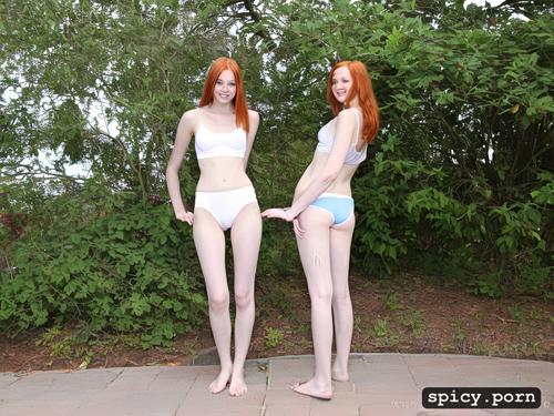 white, cameltoe panties, redhead, flat chest, skinny, bottomless