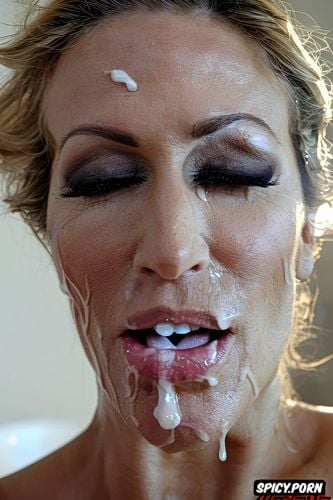 face soaked and covered in cum, cum over her body, kissing with passion her voluptuous mouth