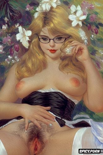 full body shot, lying down, trimmed pussy wide hips petite nerdy glasses blonde good pussy view from below absolutely flat chest beautiful teen white women with a white lily in her right hand