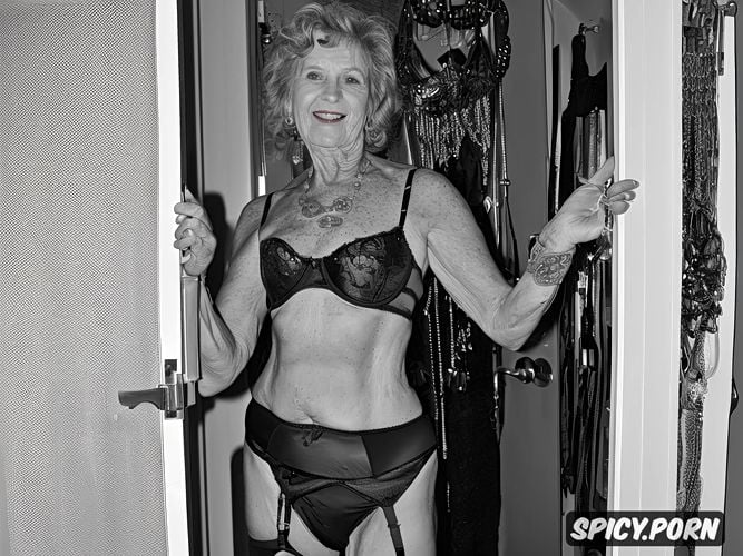 short sexy fair skinned granny seventy nine senior granny standing and revealing in open robe showing tits exhibitionist granny she is petite small saggy tits ginger hair american granny in bedroom indoors smiling at viewer strappy heels corset fishnet stockings jerk off encouragement young stud looks through keyhole in door and watches her she knows he s watching and this makes her very horny