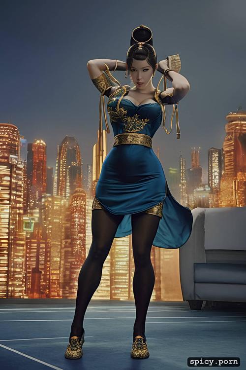 city, dark blue and gold dress, muscular, long dark blue dress