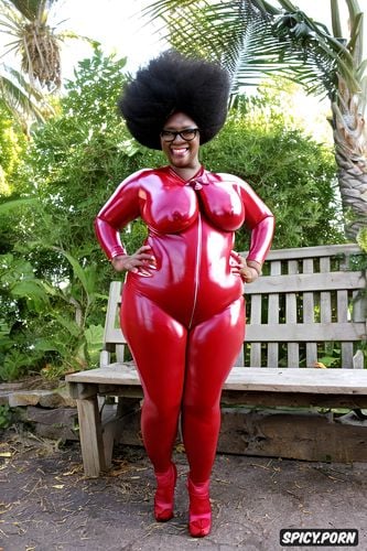 absolutely no disfigurements, mm, fully clothed in a skin tight red latex catsuit