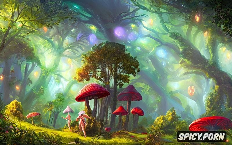 fantastic scene, magic mushrooms glowing in the dark, cute petite naked fairy teens playing hide and seek