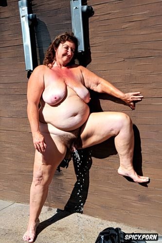 symmetric, hispanic granny, slightly opened legs, naked fat short super fat milf standing at public shower