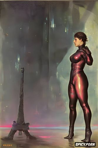 low angle shot, female officer, space age, pink nipples, large feet