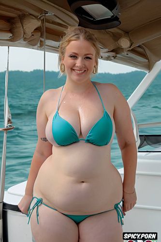obese, shiny oiled skin, string bikini, party cove boat party