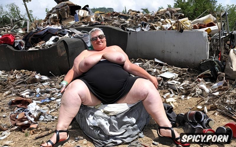 empty saggy tits, in a rubbish dump, hairy pussy, short grey white curly hair