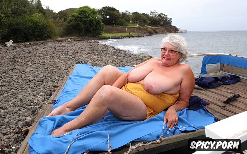 by the sea, huge yellow pissing, fat, wrinkled, obese, short grey messy hair