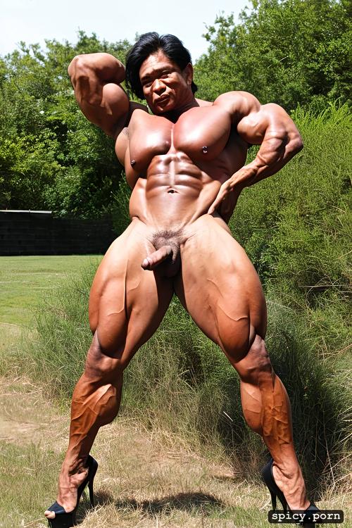 bodybuilder, shaved, flexing arms, huge dick, realistic face