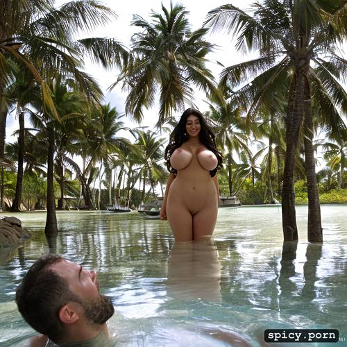 palm trees, super sized boobs, enormous round boobs, thick, giga tits