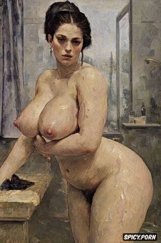 chubby belly, taking a bath, egon schiele, women in humid bathroom with fingertip nipple touching breasts tiled bathing