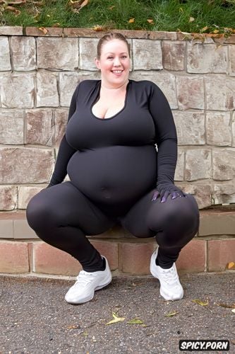 obese, spandex yoga pants, thick thighs, topless, big tits, happy white woman