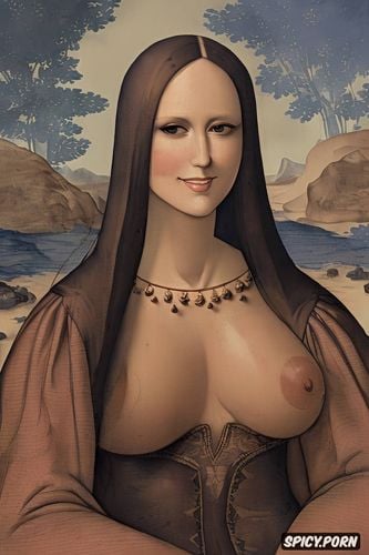 portrait, lovely smiling face, big tits, detailed, mona lisa