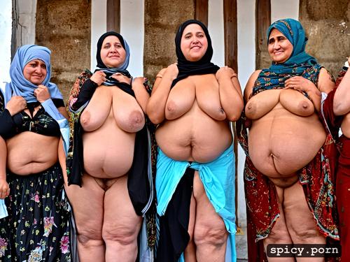 obese arabic old grannies group, looking at the viewer, many detailled belly curves