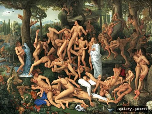 orgy in a paradise garden full of testicles and vulvas heironymous bosch style but with explicit sex and penises fucking vaginas style of bosch