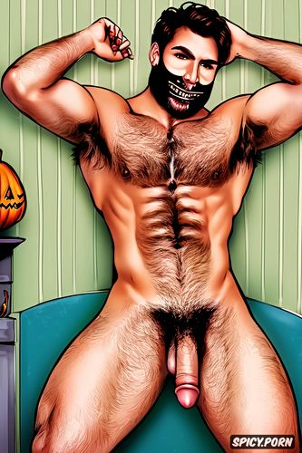 solo hairy gay man with a big dick showing full body and perfect face beard showing hairy armpits indoors dark brown hair gay porn star wearing a halloween mask