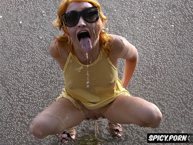 drooling and gagging, completely naked, forced to swallow her piss