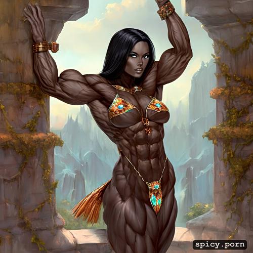 partially nude, fantasy land, black woman, body builder, fantasy armor