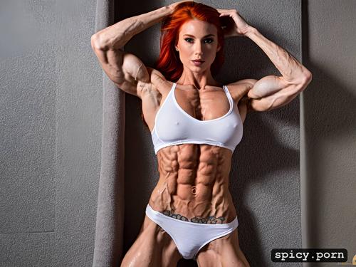 ripped abs, female bodybuilder, hand on head, extremely ripped